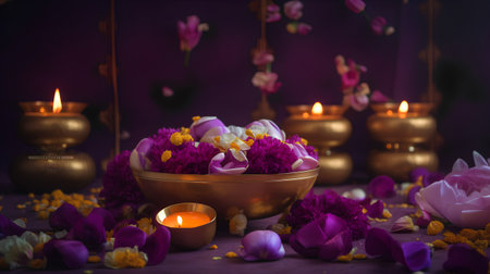 Beautiful flowers, incense and candles on a purple background.の素材