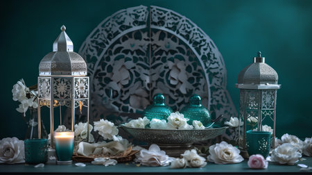 Elegant table setting for Ramadan Kareem with lanterns and flowersの素材
