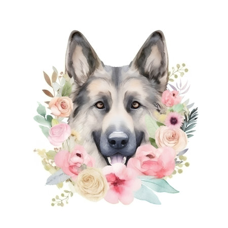 Watercolor portrait of a German shepherd dog with flowers. Isolated on white background.の素材