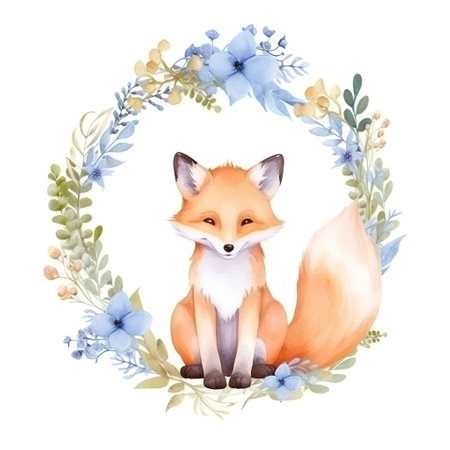 Watercolor illustration of a cute fox in a wreath of flowers.の素材