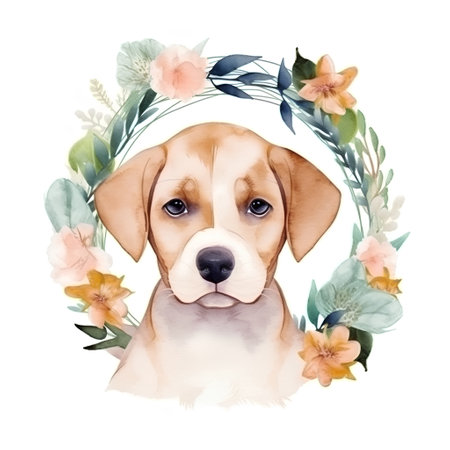 Cute beagle dog with floral wreath. Watercolor illustrationの素材