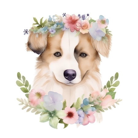 Watercolor portrait of a dog with floral wreath on a white backgroundの素材