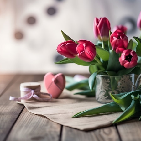 Bouquet of pink tulips in a vase on a wooden tableの素材