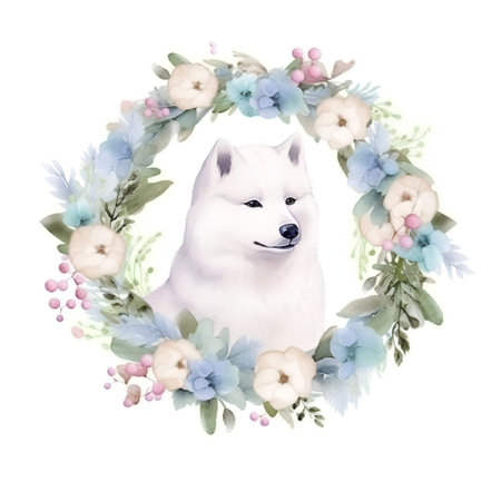 Watercolor cute siberian husky in floral wreath.の素材