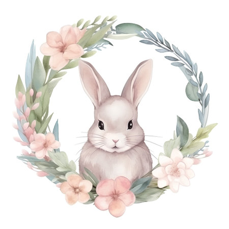 Cute watercolor illustration with cute bunny and floral wreath.の素材