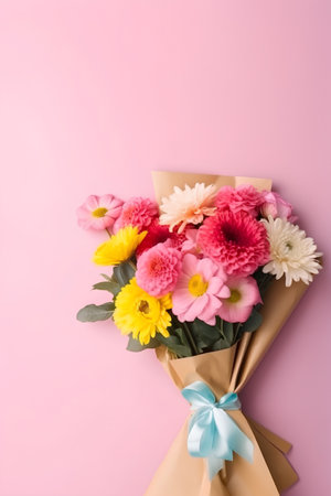 Bouquet of colorful flowers on a pink background with copy spaceの素材