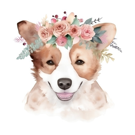 Corgi dog with floral wreath. Watercolor illustration.の素材
