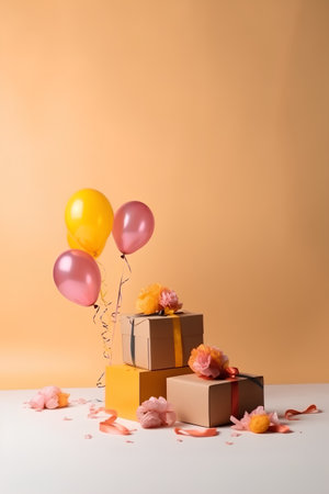 Birthday gifts with balloons and confetti on table against orange backgroundの素材