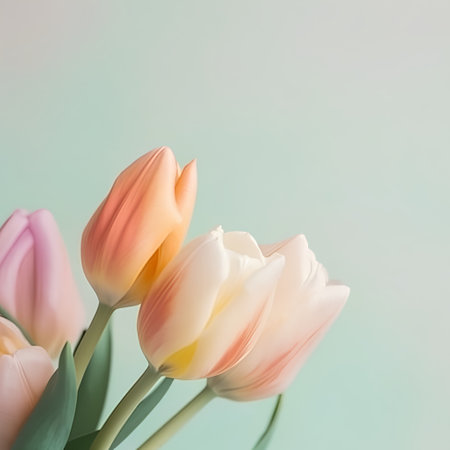 Bouquet of pink and white tulips on pastel blue backgroundの素材