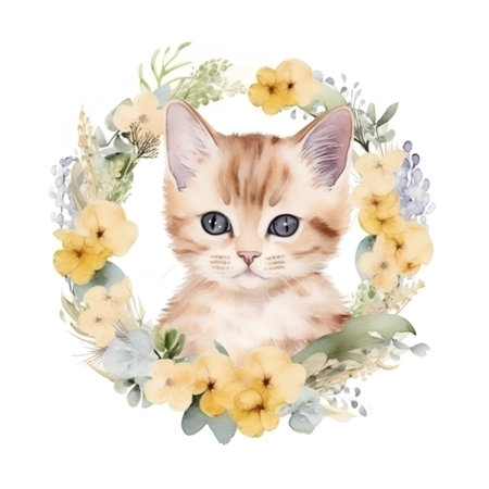 Cute kitten in floral wreath isolated on white background. Watercolor illustration.の素材