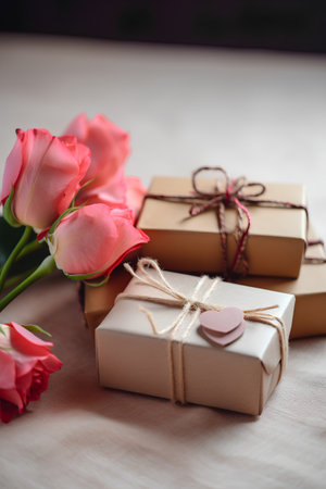 Gift boxes and pink tulips on a light background. Valentine's Dayの素材