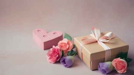 Gift box with ribbon and flowers on pink background. Valentine's Dayの素材