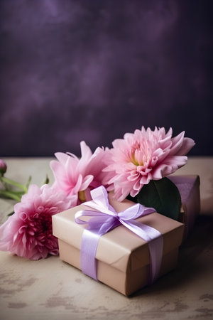 Gift boxes with pink chrysanthemums on wooden tableの素材