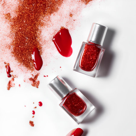 Red nail polish on white background. Top view, flat lay.の素材