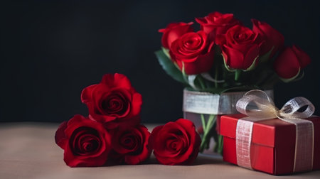 Red roses and gift box on black background. Valentines day.の素材