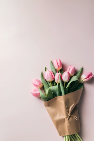 Bouquet of pink tulips on pastel pink background.の素材