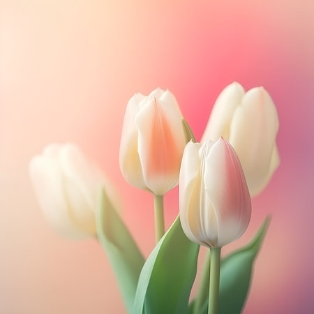 White tulips on a pink background. Bouquet of flowers.の素材