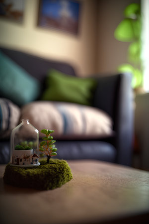 Green plant in a glass bottle on the table in the living roomの素材