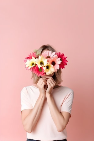 Portrait of a beautiful girl with a bouquet of flowers on a pink backgroundの素材