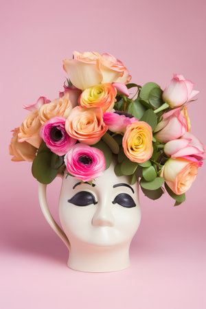 Bouquet of flowers in a vase on a pink backgroundの素材