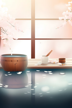 Illustration of a Japanese bath with a wooden barrel and a cup of teaの素材