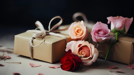 Gift box with pink roses on dark background, selective focus.の素材