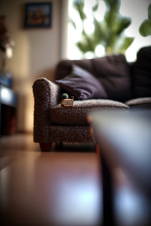 Miniature house model on sofa in living room, shallow DOFの素材