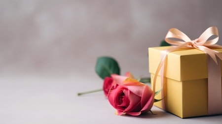 Gift box and rose on a light background. Selective focus.の素材