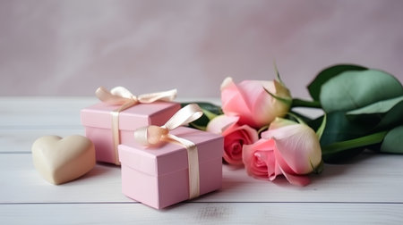 Gift boxes and pink tulips on white wooden background. Selective focus.の素材