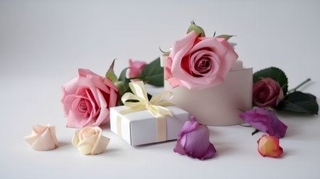 gift box and roses on white background, valentines dayの素材