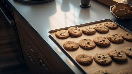 Chocolate chip cookies on a baking sheet in the kitchen, selective focusの素材