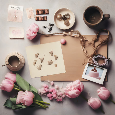 Flat lay photo frame with pink tulips, cup of coffee, macaroons and vintage photosの素材