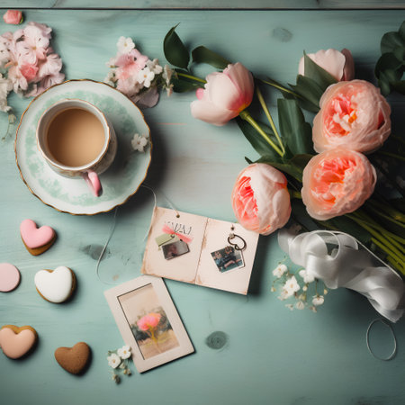 Cup of tea, tulips and hearts on wooden background.の素材