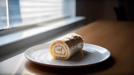 Roll cake on a white plate on a wooden table near the windowの素材