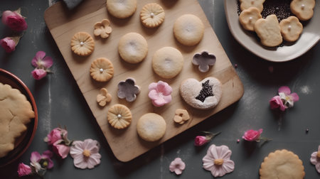 Homemade cookies on a wooden board with flowers in the background.の素材