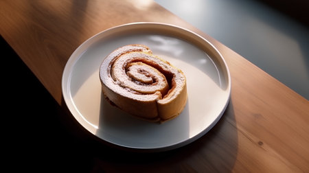 Cinnamon roll on a white plate on a wooden table in a cafeの素材