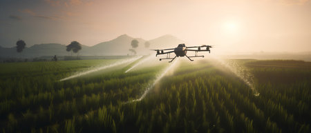 drone spraying water on rice field in sunrise time, asiaの素材