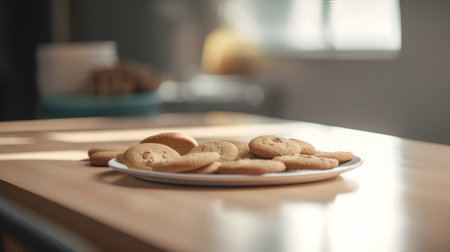 Plate with tasty cookies on table in kitchen. Space for textの素材