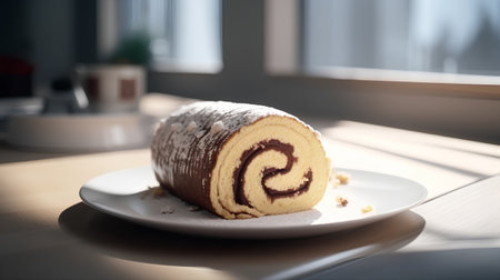 Sliced swiss roll cake with chocolate icing on a plateの素材