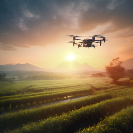 Drone flying over rice field at sunset,3d render.の素材