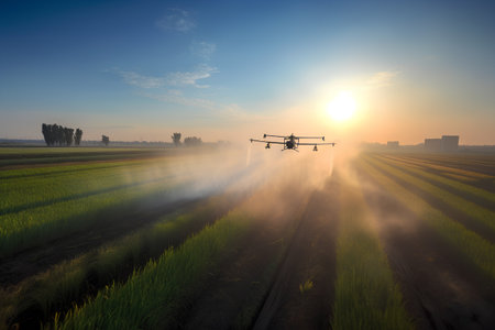 Agricultural sprayer spraying pesticides on rice field at sunrise.の素材