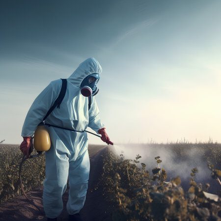 Scientist in a biohazard suit spraying pesticides on soybean fieldの素材