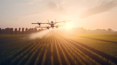 Aerial view of biplane spraying fertilizer on agricultural field at sunsetの素材