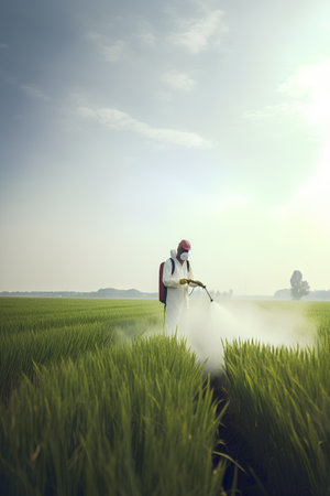 Farmer spraying pesticide on rice field in the countryside of Thailand.の素材