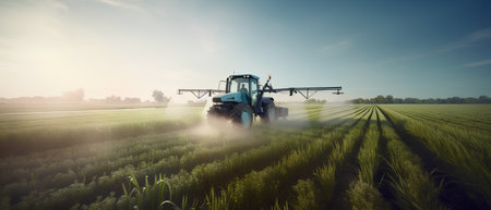 Tractor spraying pesticides on wheat field. Tractor spraying pesticides on wheat field.の素材