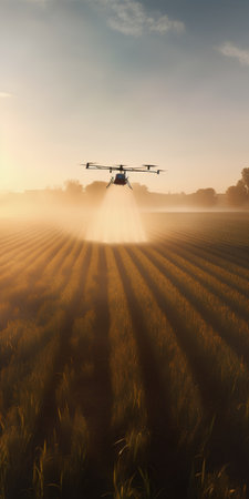 Drone spraying fertilizer on a wheat field at sunset, 3d renderの素材