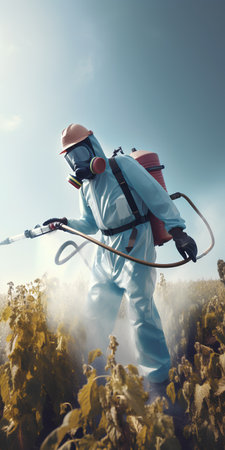 Worker spraying pesticides on a sunflower field. Spraying pesticide in a sunflower field.の素材