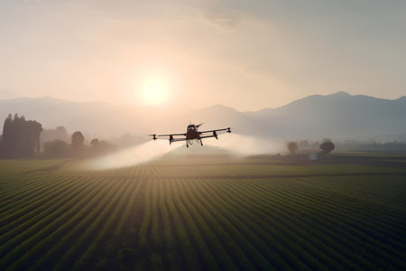 Aerial view of a drone spraying fertilizer over a field of agricultural cropsの素材