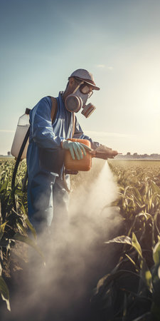 Farmer spraying pesticides on a corn field using a sprayer.の素材
