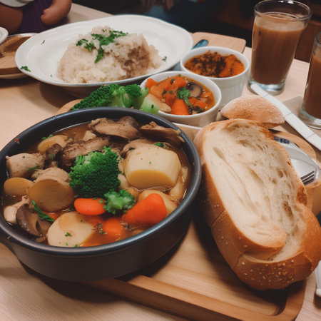 Beef Bourguignon soup with vegetables and rice on wooden tableの素材